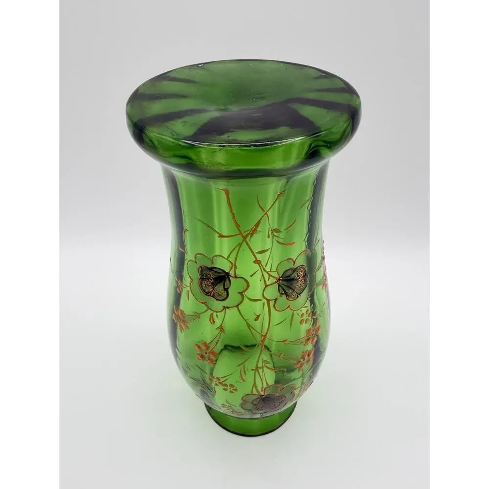 Antique Victorian Green Optic Art Glass Vase 8.5” Hand Painted Orange Florals